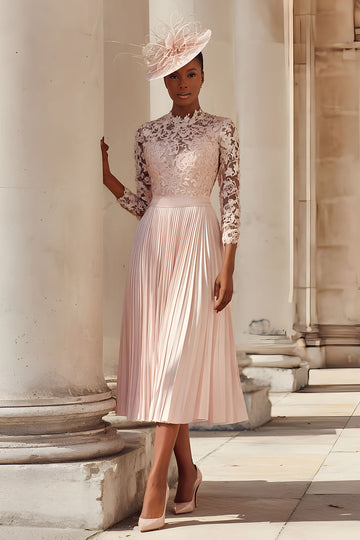 Mousseline de soie rose poudré Une ligne plissée Midi Robe de mère de la mariée avec dentelle